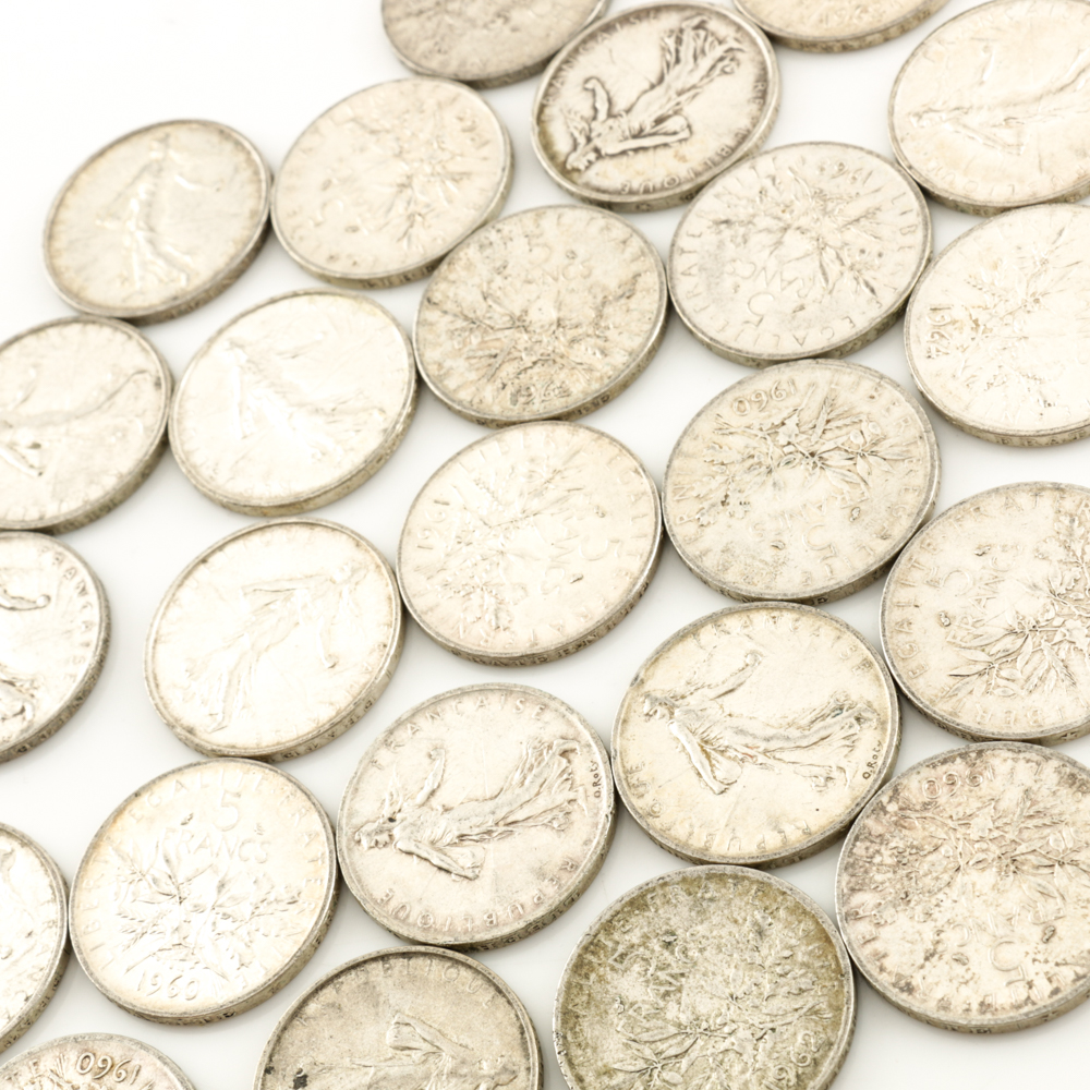 Twenty-Four Silver French 5 Franc Coins