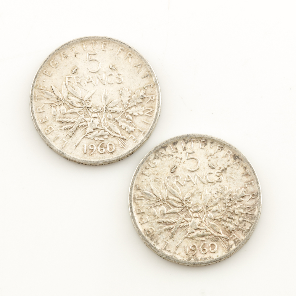 Twenty-Four Silver French 5 Franc Coins