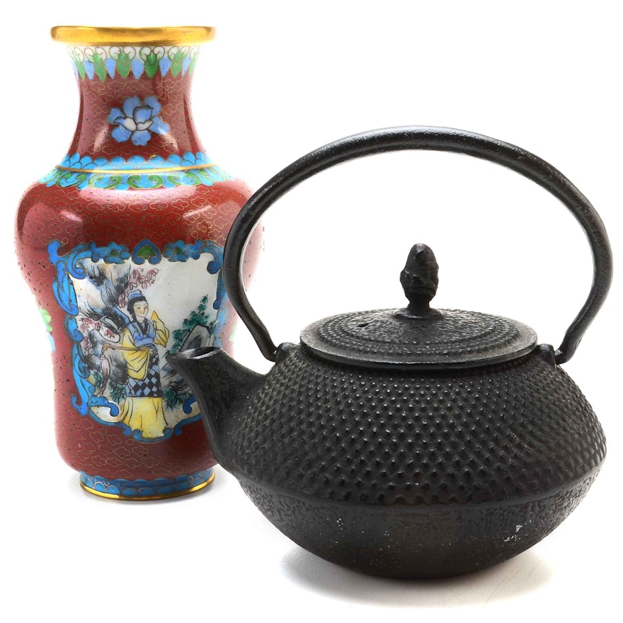 Japanese Iron Teapot and Chinese Cloisonné Vase