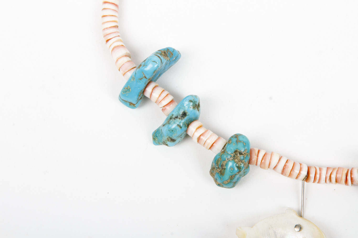 Coral and Boulder Turquoise Necklace with Mother of Pearl Dolphin Pendant