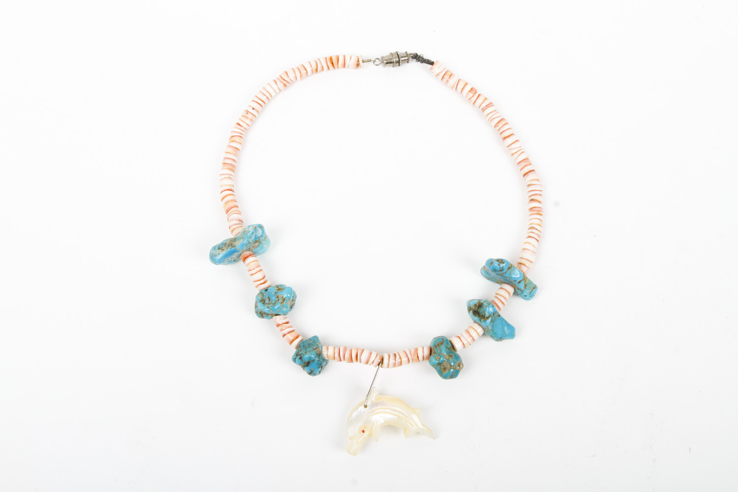 Coral and Boulder Turquoise Necklace with Mother of Pearl Dolphin Pendant