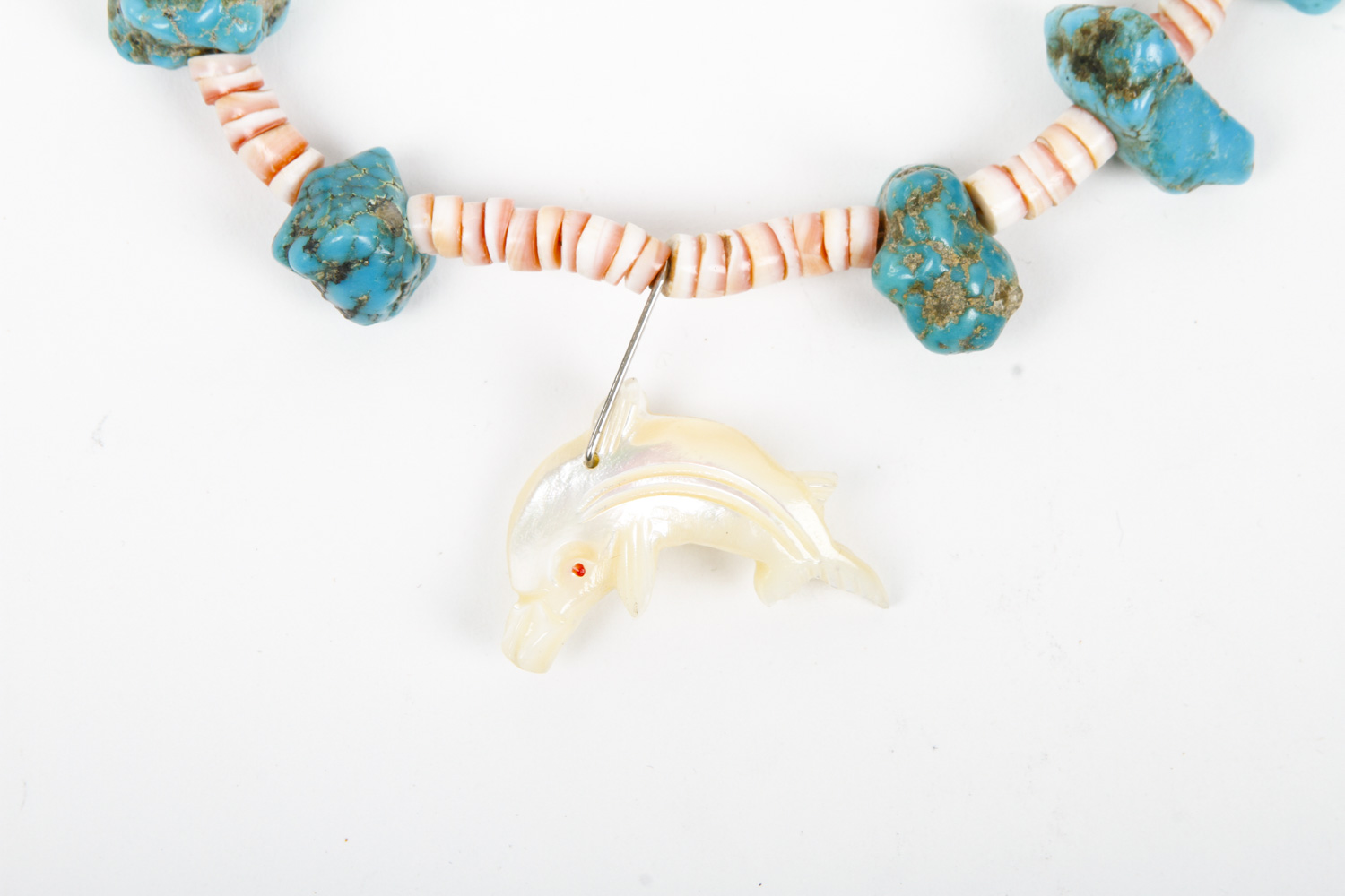 Coral and Boulder Turquoise Necklace with Mother of Pearl Dolphin Pendant