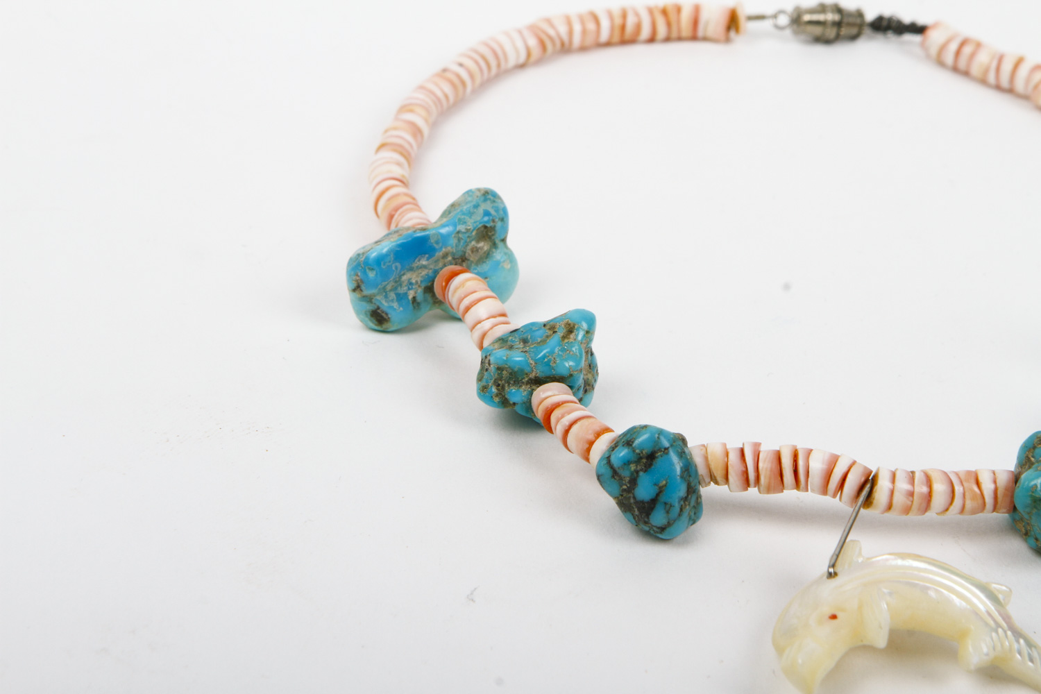 Coral and Boulder Turquoise Necklace with Mother of Pearl Dolphin Pendant