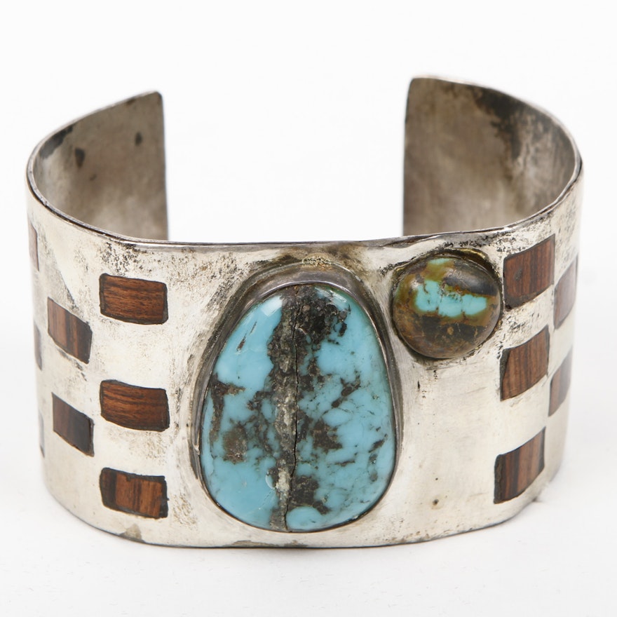 Vintage Sterling Silver, Turquoise, and Inlaid Rosewood Cuff