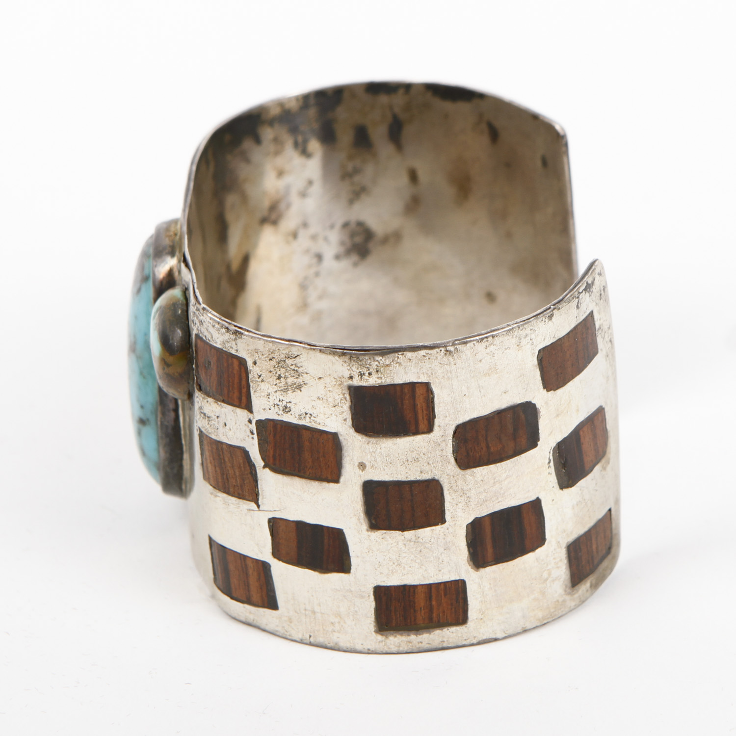 Vintage Sterling Silver, Turquoise, and Inlaid Rosewood Cuff