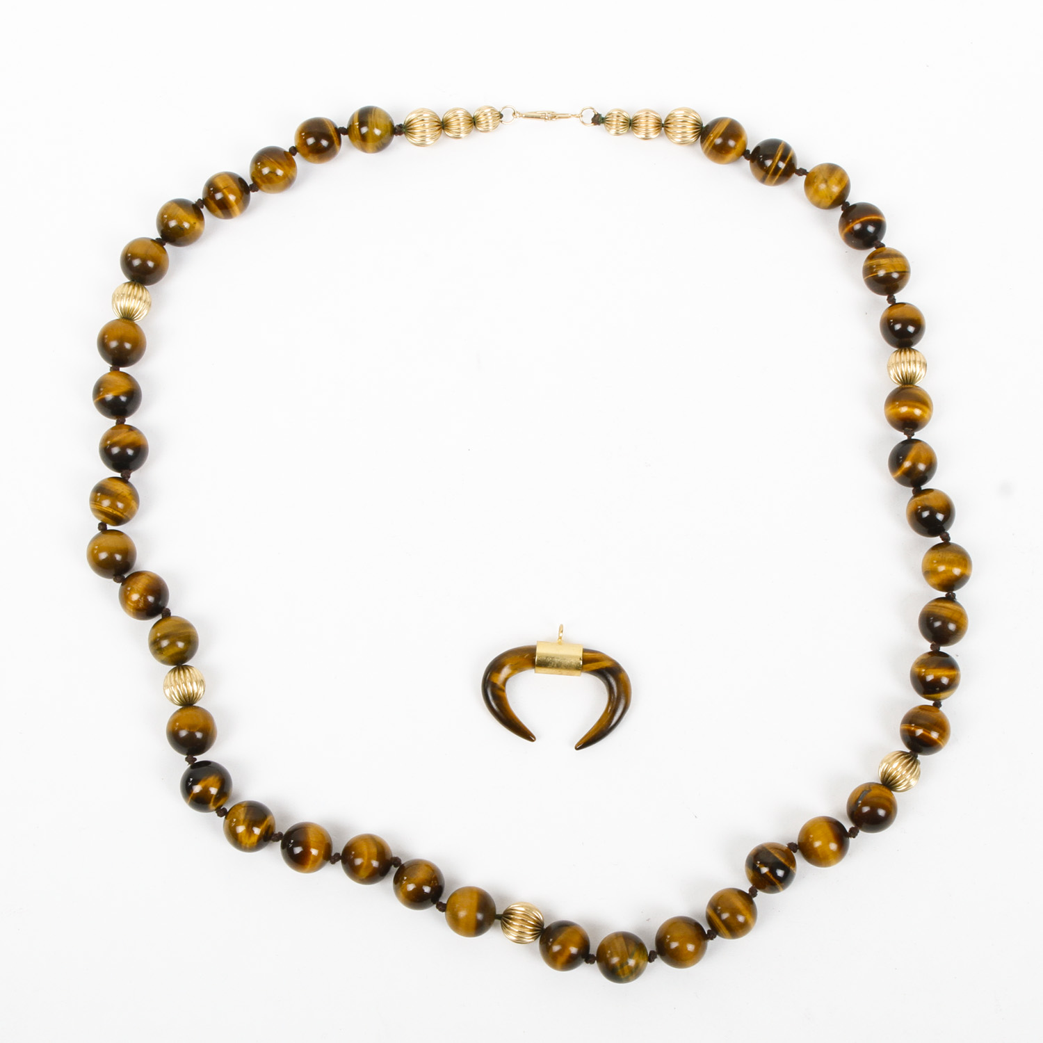 14K Yellow Gold and Tiger's Eye Beaded Necklace with Pendant