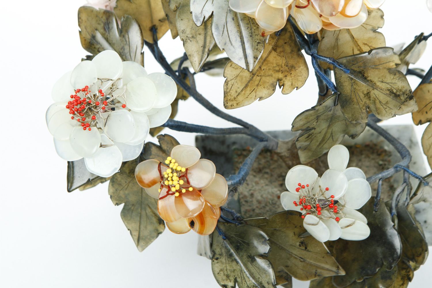 Carved Nephrite Jade, Quartz, and Agate Tree