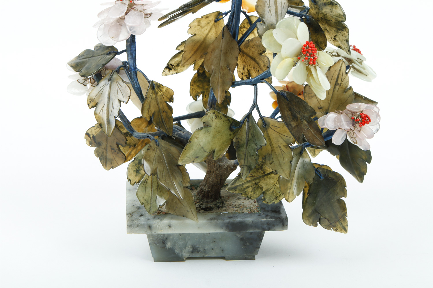 Carved Nephrite Jade, Quartz, and Agate Tree