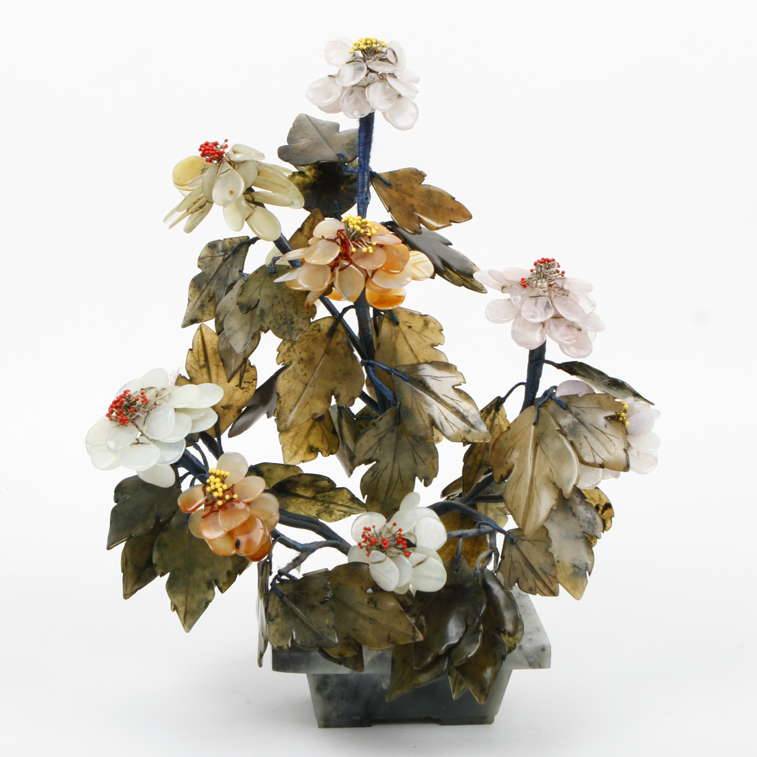 Carved Nephrite Jade, Quartz, and Agate Tree