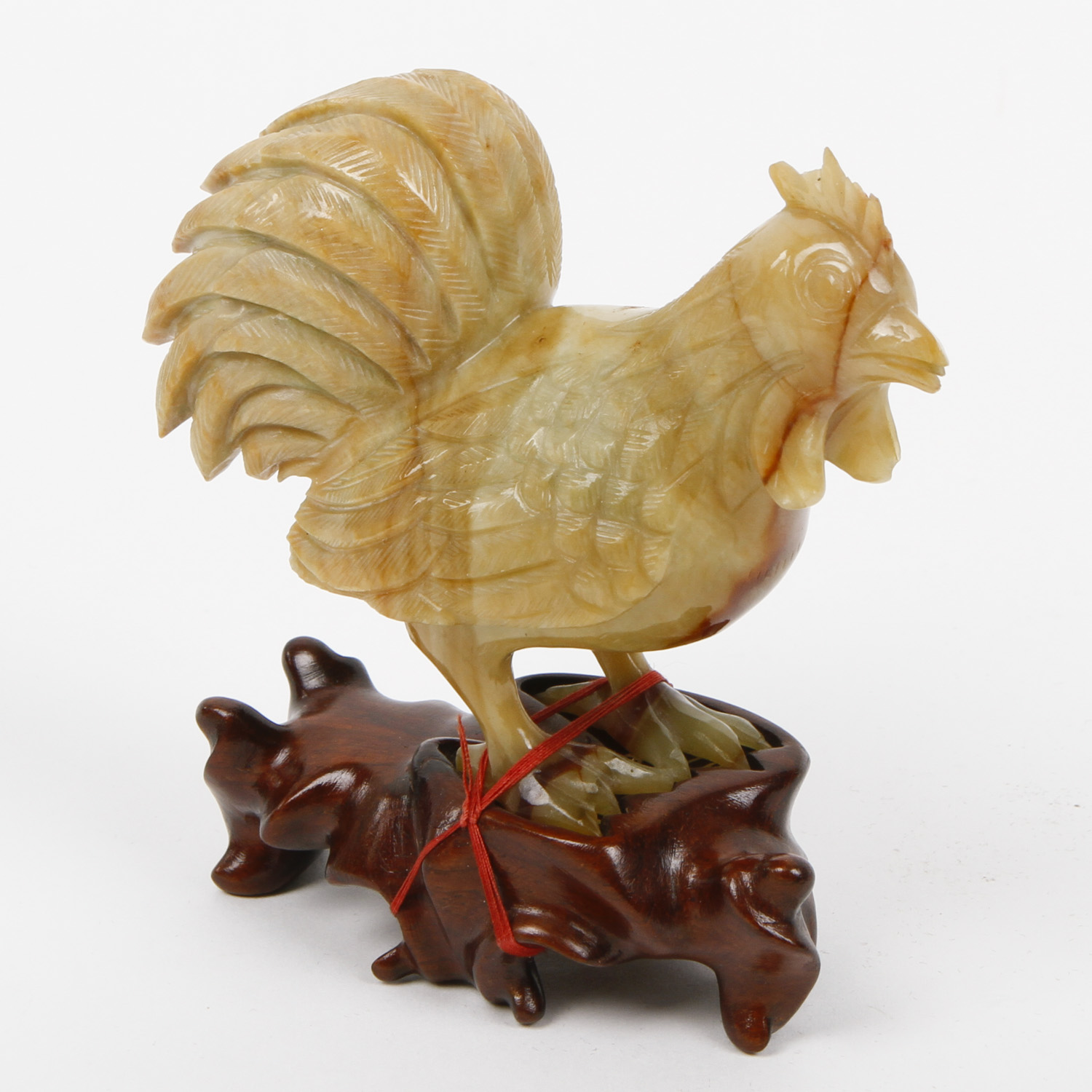 Chinese Carved Agate Rooster on Rosewood Stand