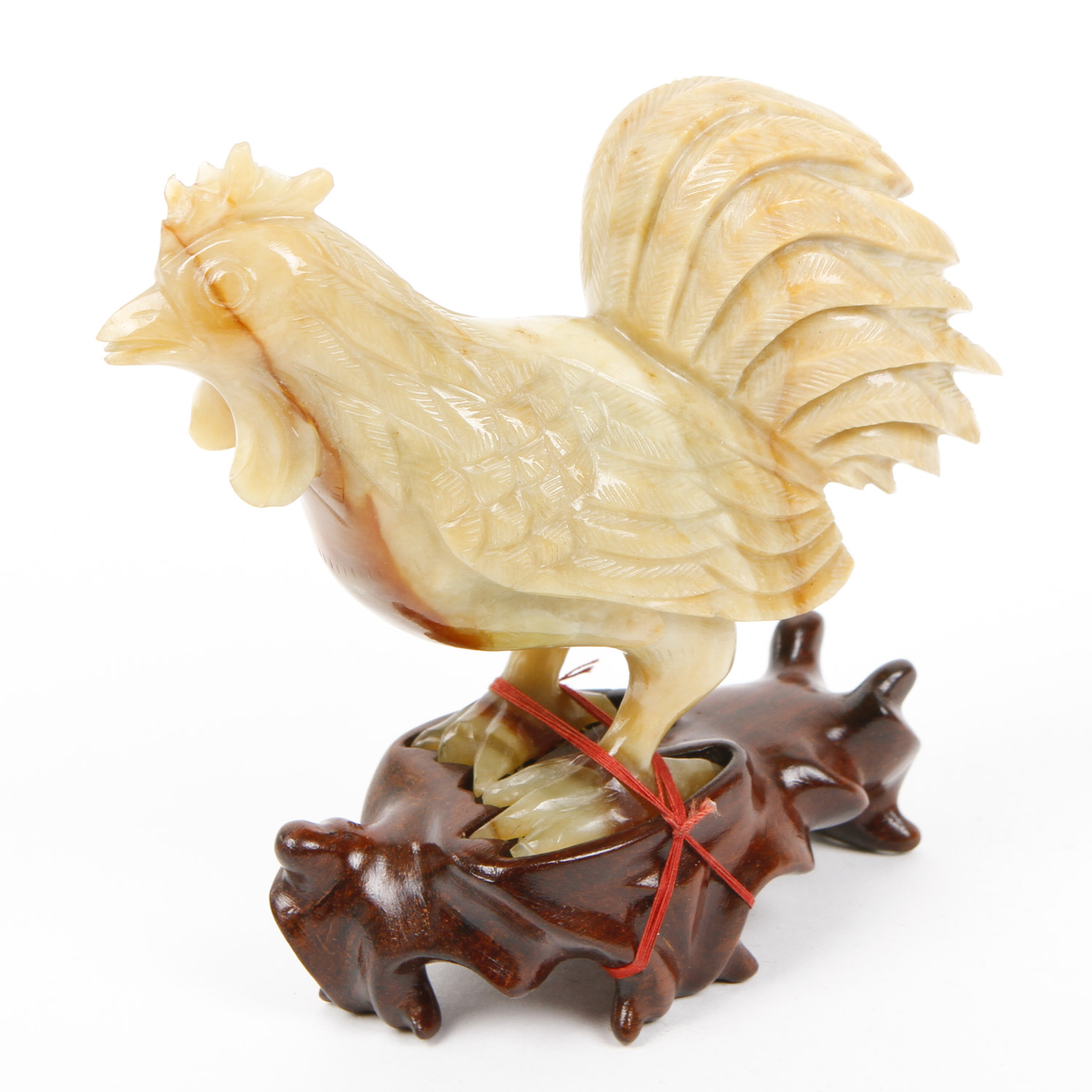 Chinese Carved Agate Rooster on Rosewood Stand