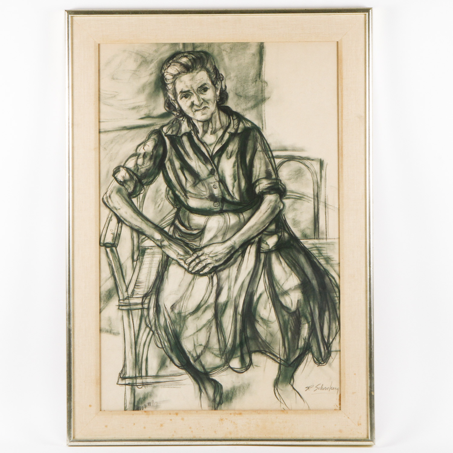 Framed Original Sheldon C. Schoneberg Charcoal Drawing of an Old Woman