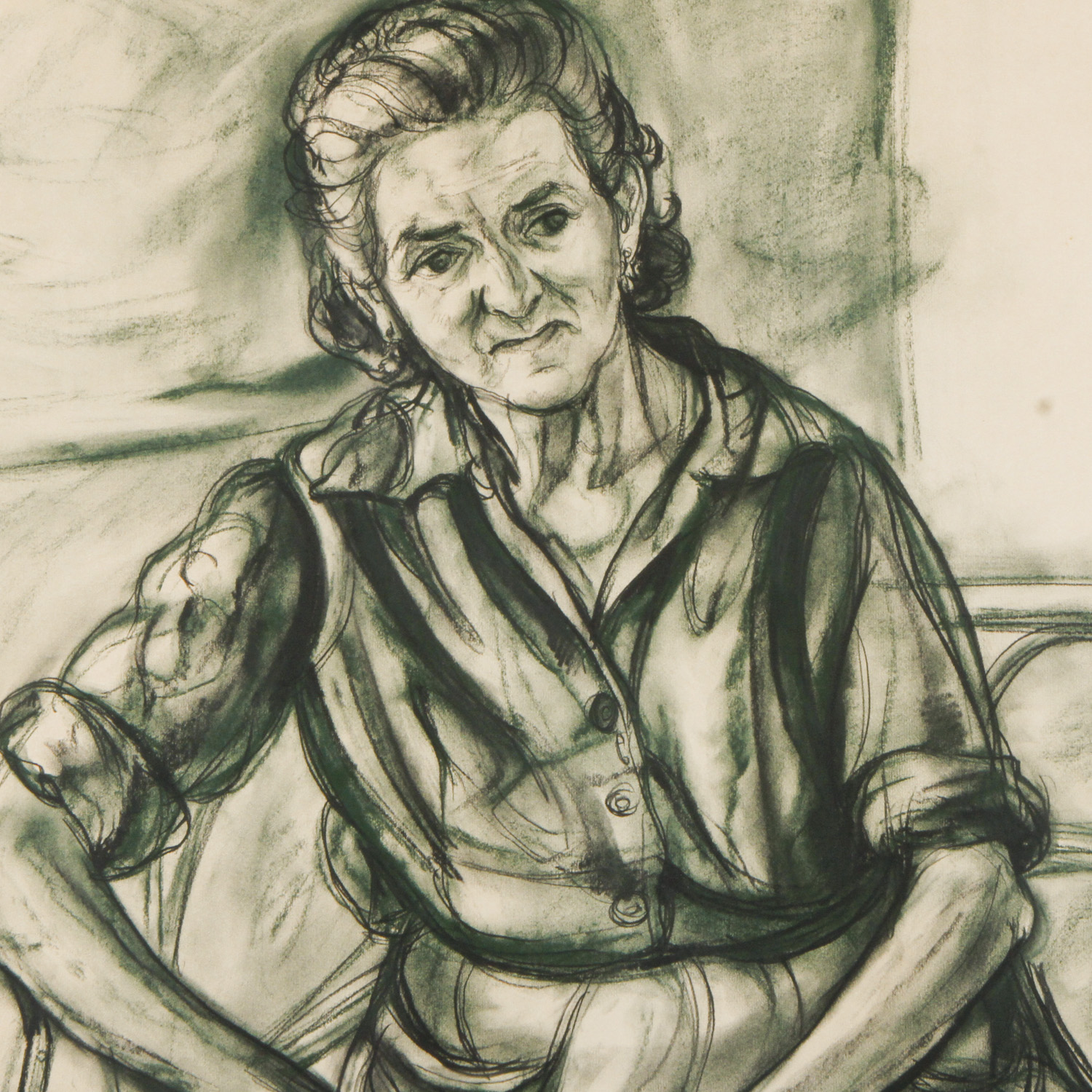 Framed Original Sheldon C. Schoneberg Charcoal Drawing of an Old Woman