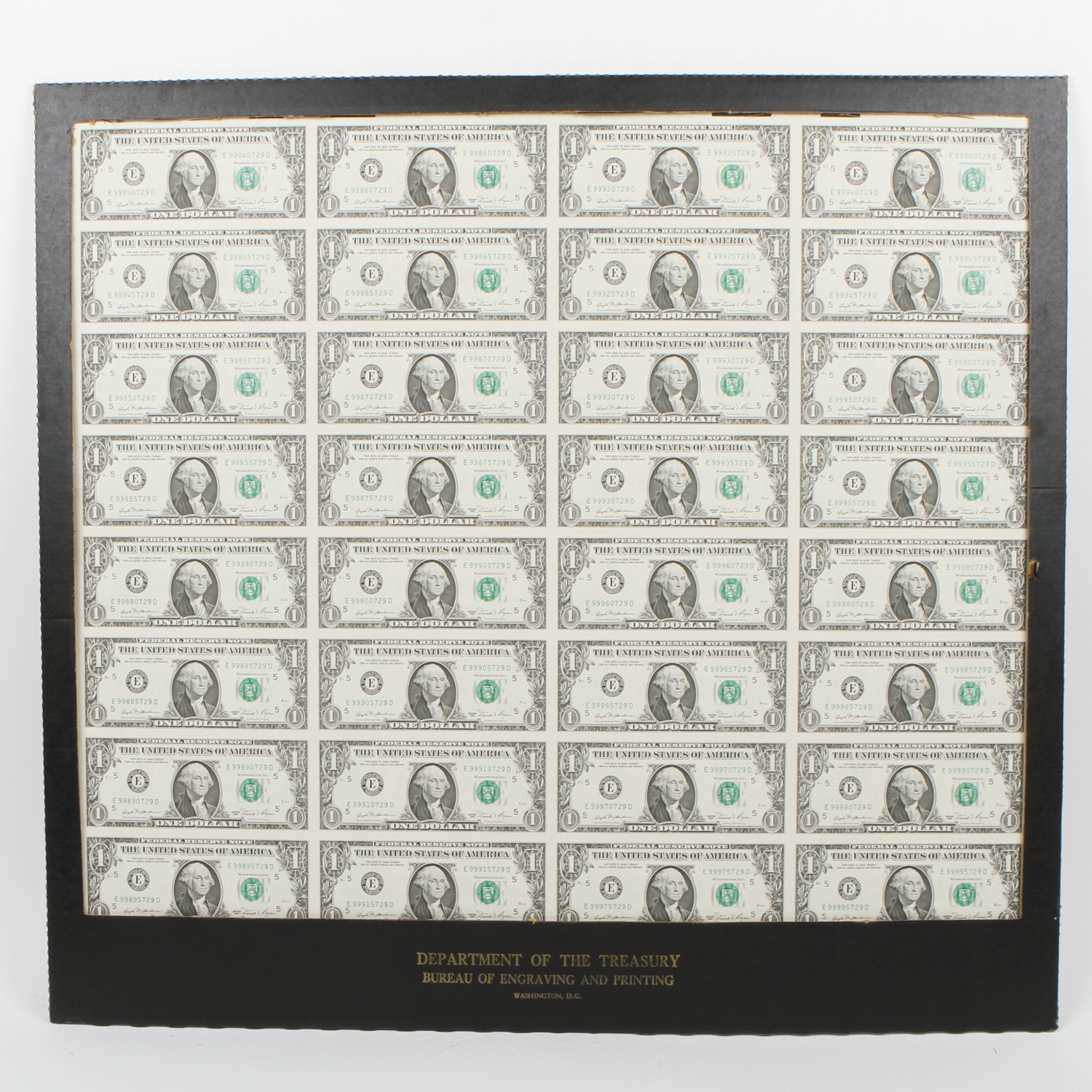 Uncut Sheet of (32) $1 Federal Reserve Notes