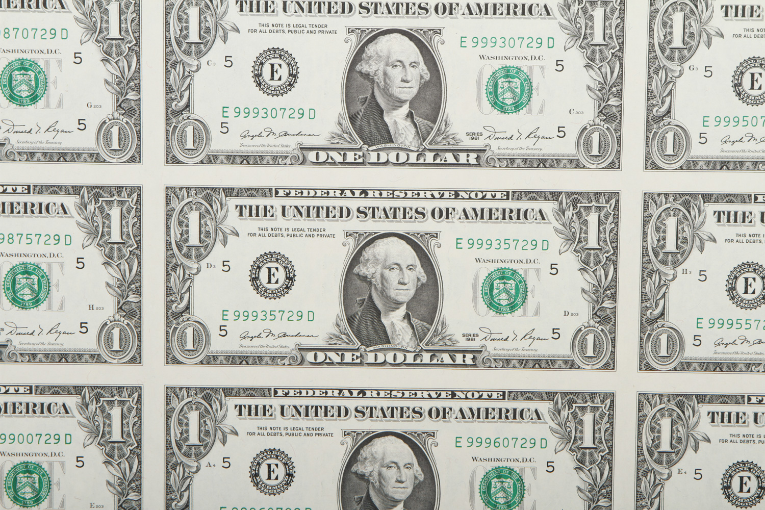 Uncut Sheet of (32) $1 Federal Reserve Notes