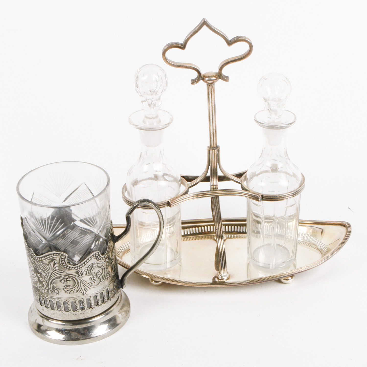 Plated Silver and Glass Cruet Set and Mug