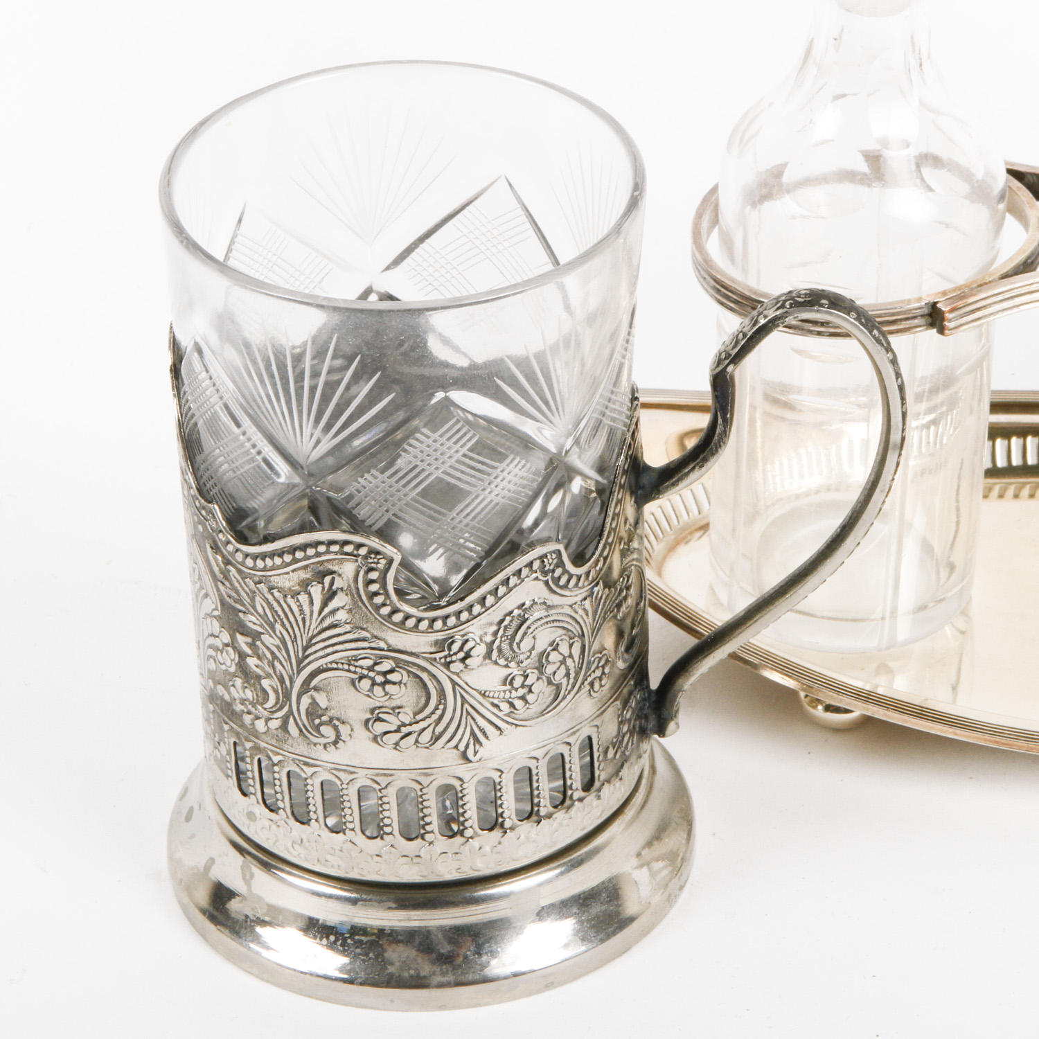 Plated Silver and Glass Cruet Set and Mug