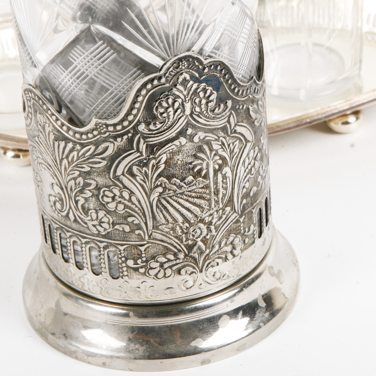 Plated Silver and Glass Cruet Set and Mug