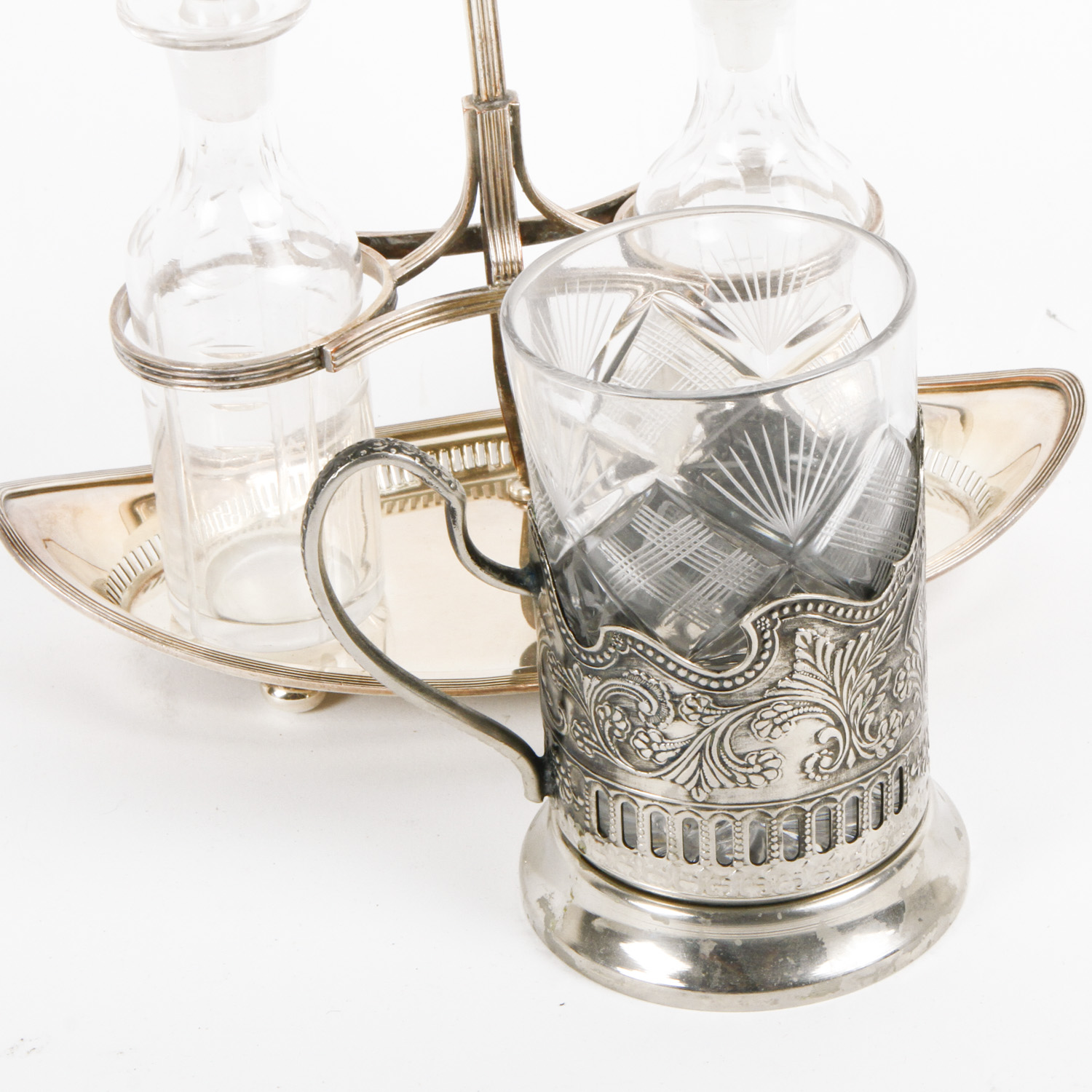 Plated Silver and Glass Cruet Set and Mug