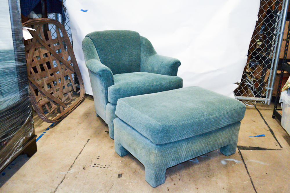 Green Ribbed Velour Chair and Ottoman