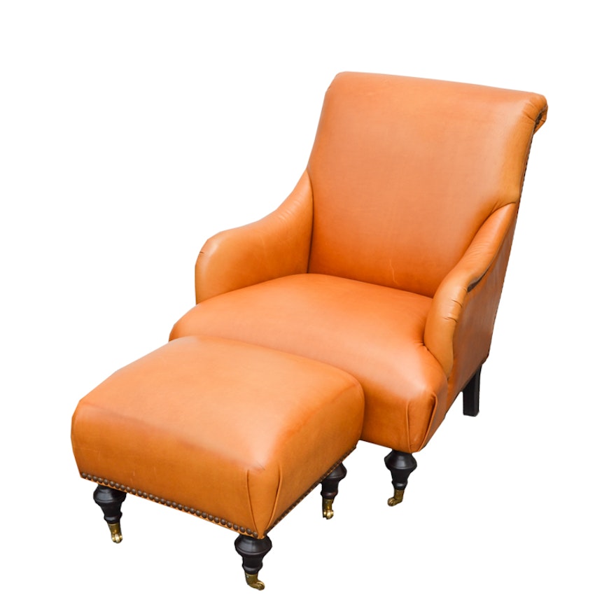 Dark Saffron Leather Armchair and Ottoman