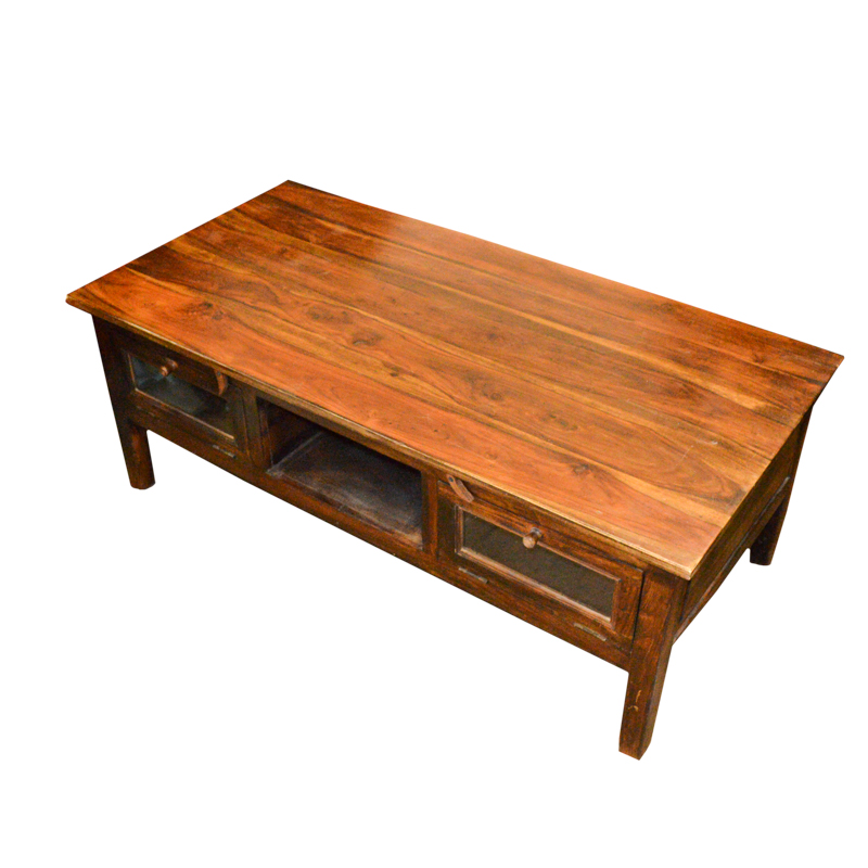 Dark Stained Wood Coffee Table With Glass Doors