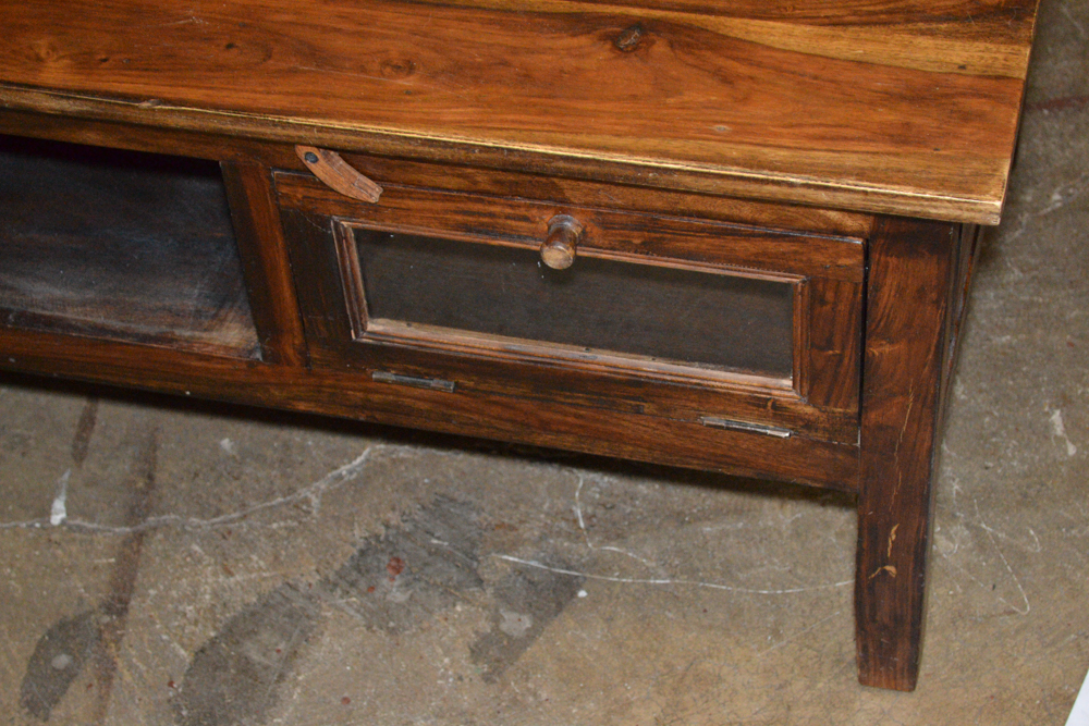 Dark Stained Wood Coffee Table With Glass Doors