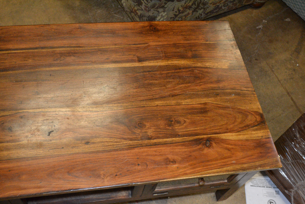Dark Stained Wood Coffee Table With Glass Doors