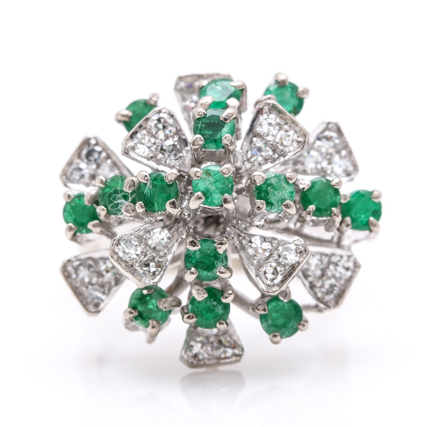 14K White Gold 0.70 CTW Emerald and 0.45 CTW Diamond Cluster Ring