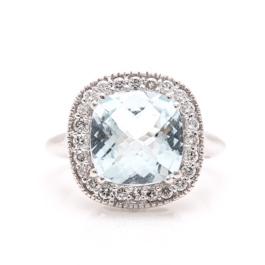 14K White Gold 3.83 CTS Aquamarine and 0.48 CTW Diamond Halo Cocktail Ring