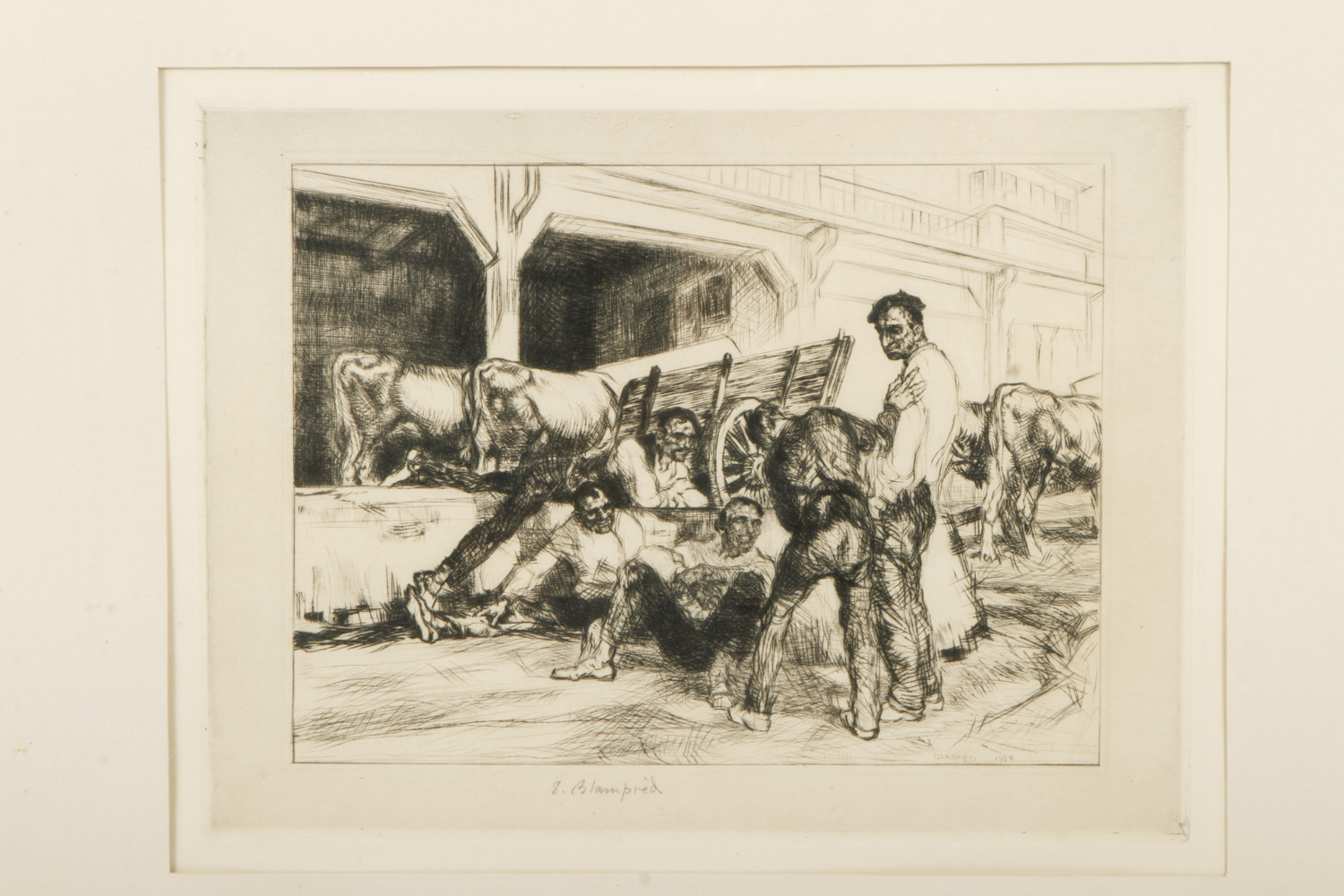 Edmund Blampied Etching "San Sebastian lunch hour"