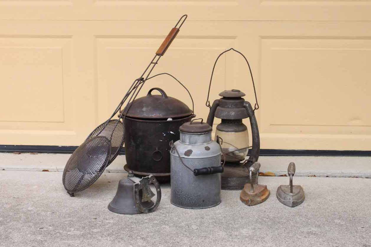 Vintage Metalware Including Lantern and Cast Iron Dutch Oven