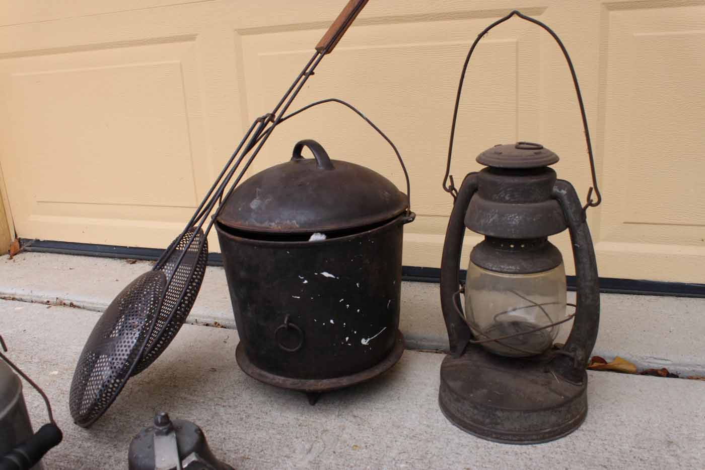 Vintage Metalware Including Lantern and Cast Iron Dutch Oven