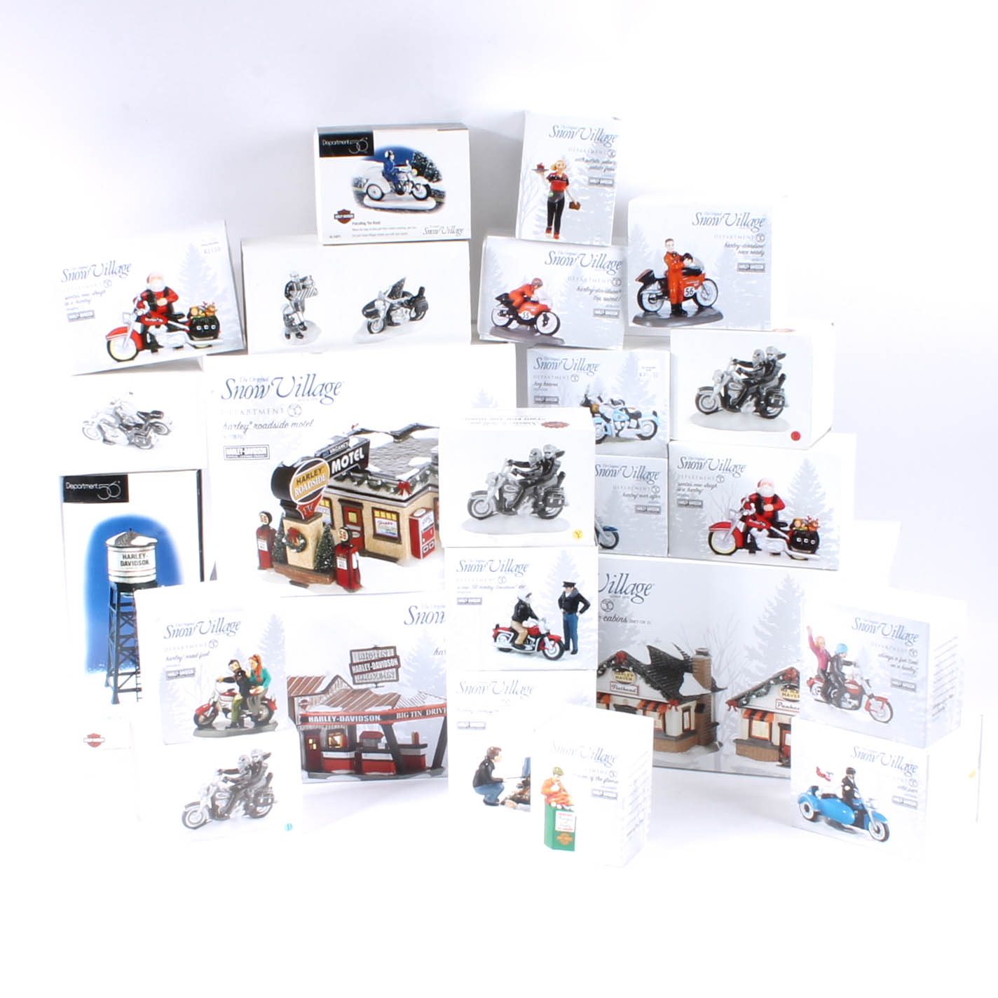 Collection of Harley-Davidson Departent 56 "Snow Village" figurines