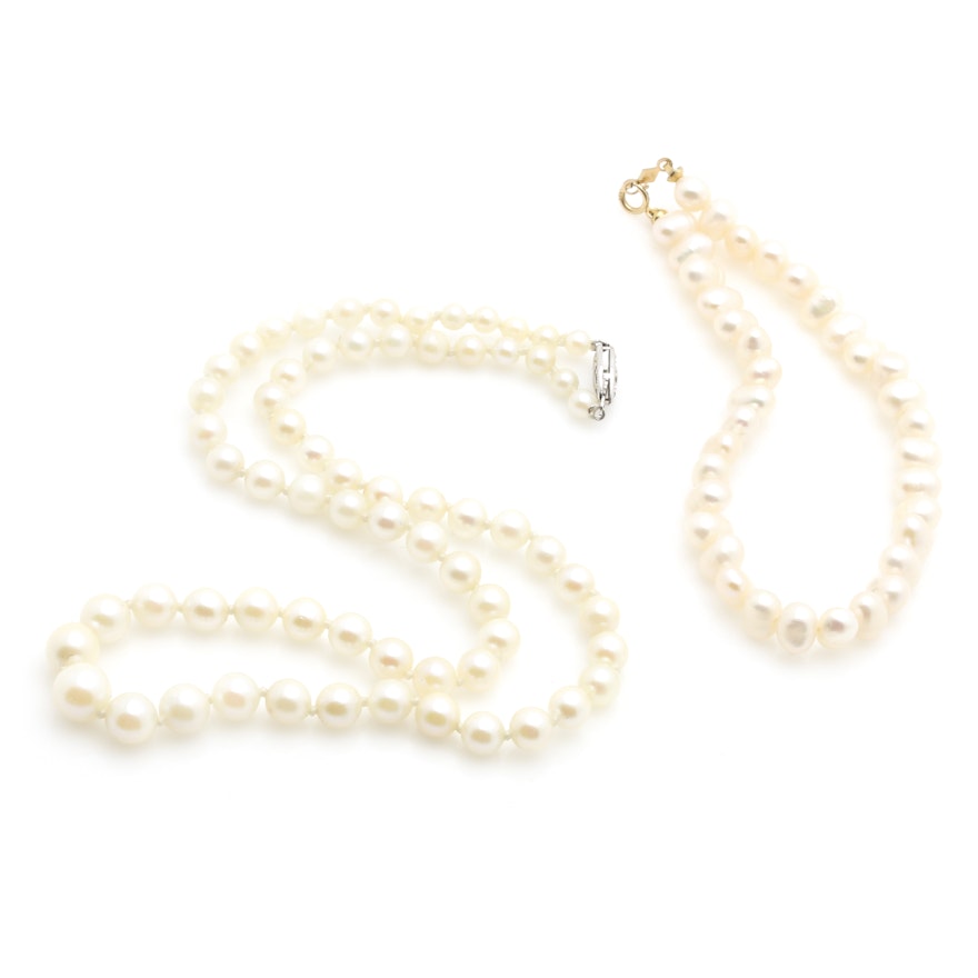 Pearl Necklace and Bracelet with 14K White and Yellow Gold Clasps