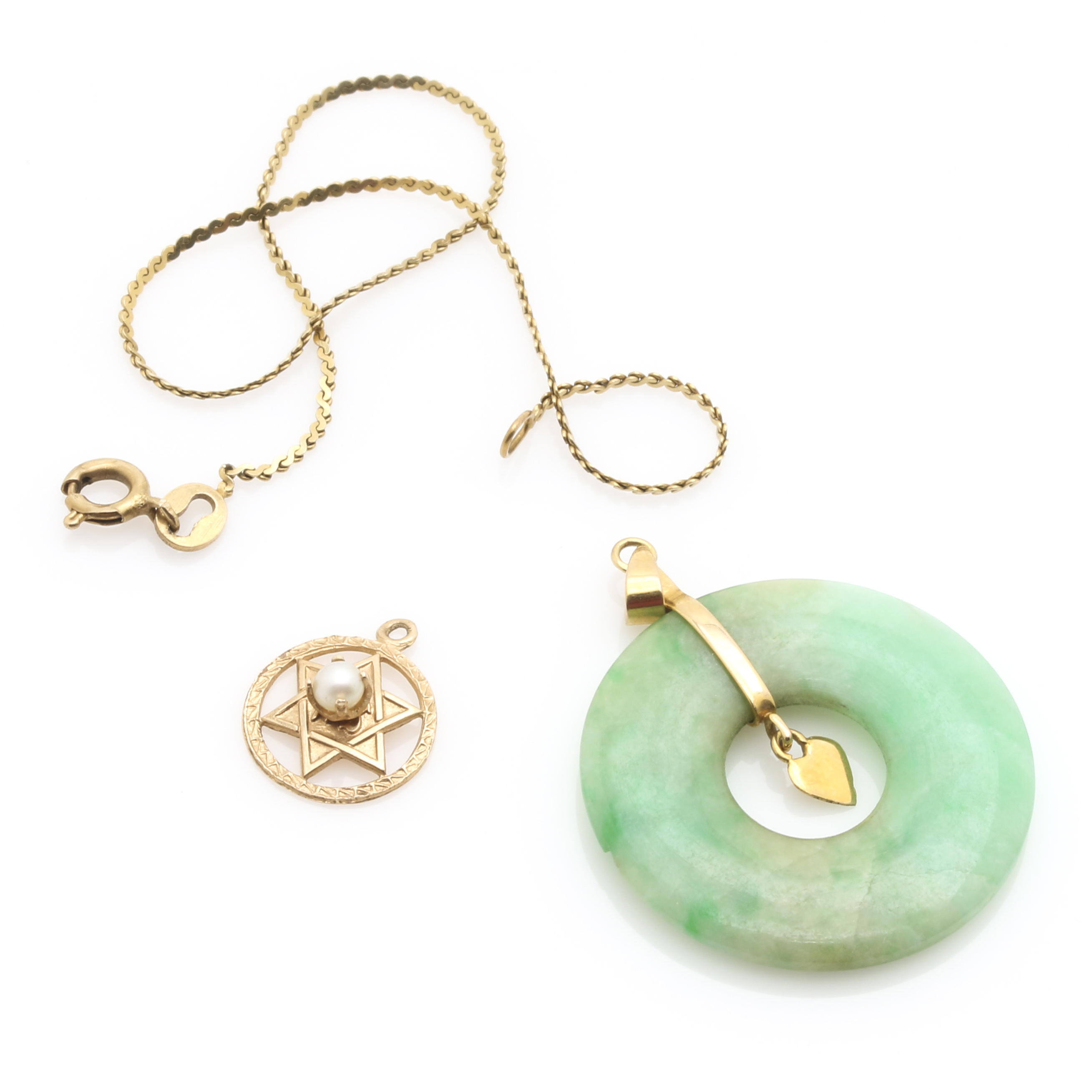 14K Yellow Gold Jadeite and Pearl Star of David Pendants, and Serpentine Chain Bracelet