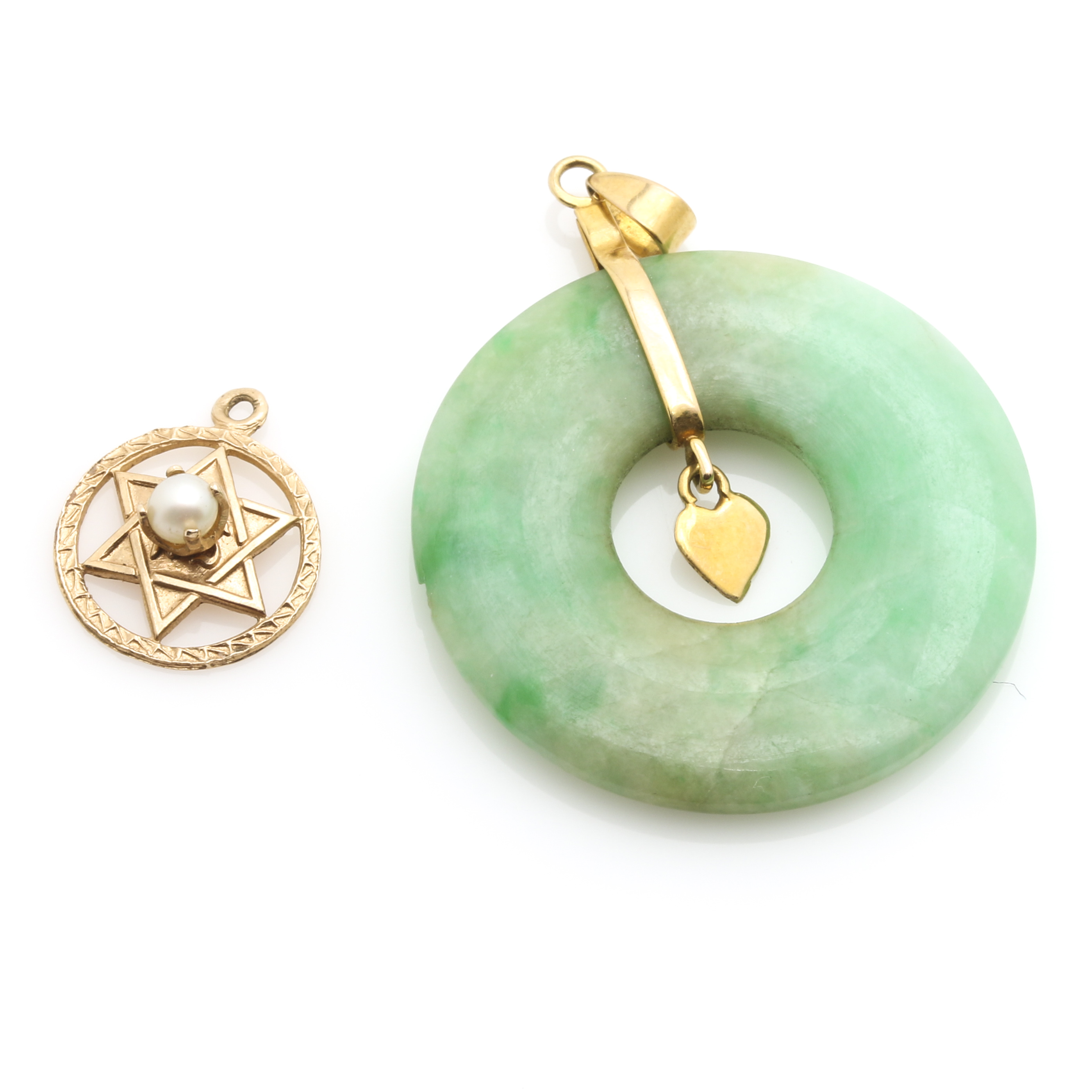 14K Yellow Gold Jadeite and Pearl Star of David Pendants, and Serpentine Chain Bracelet