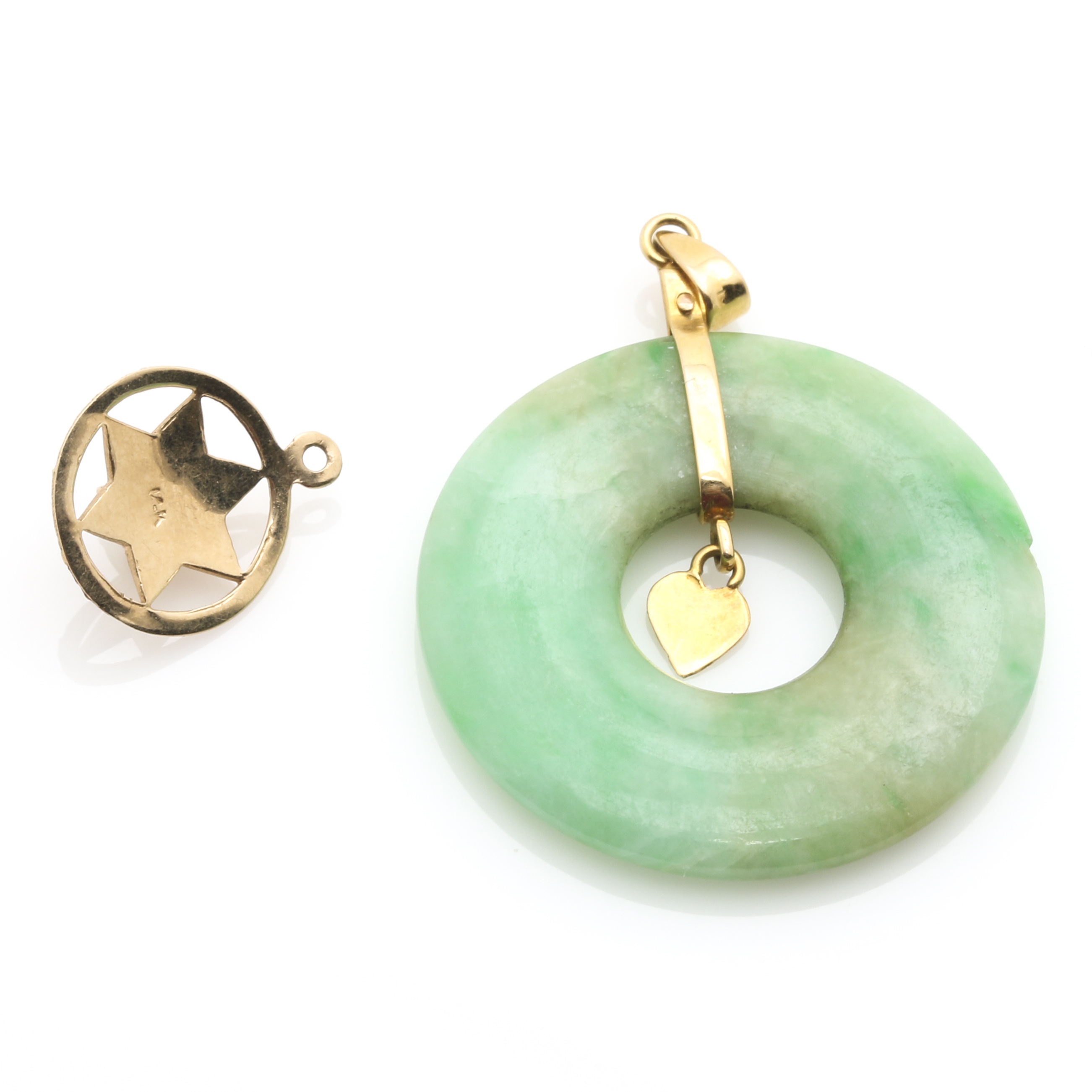 14K Yellow Gold Jadeite and Pearl Star of David Pendants, and Serpentine Chain Bracelet