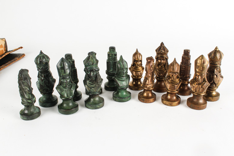 Antique Chess Set with Leather Board