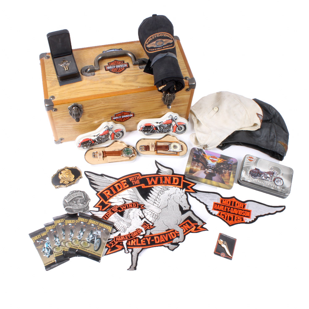 Wooden Harley-Davidson Box with Memorabilia