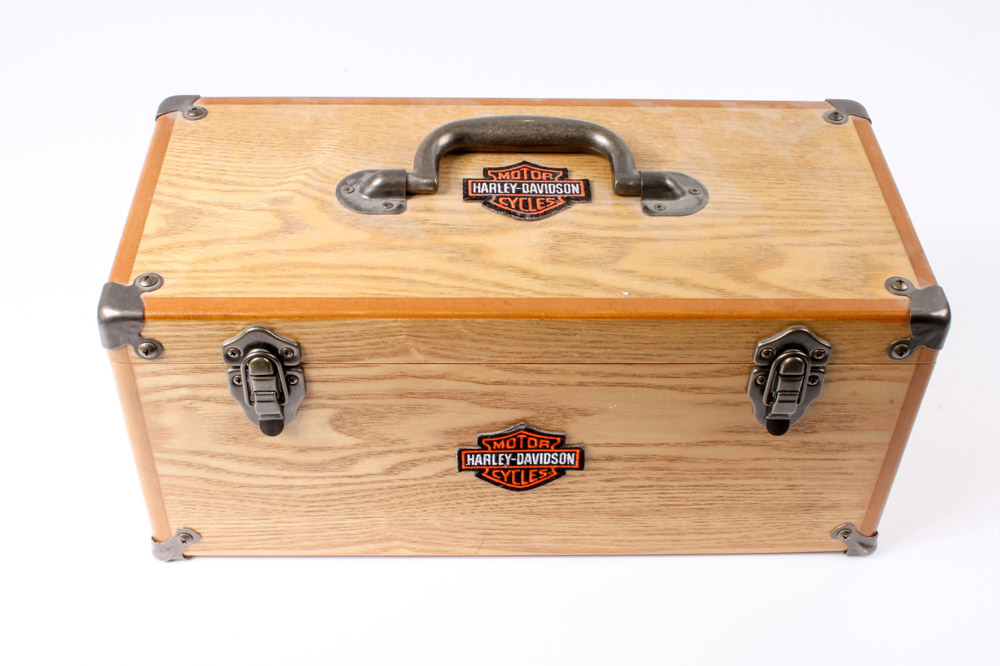 Wooden Harley-Davidson Box with Memorabilia