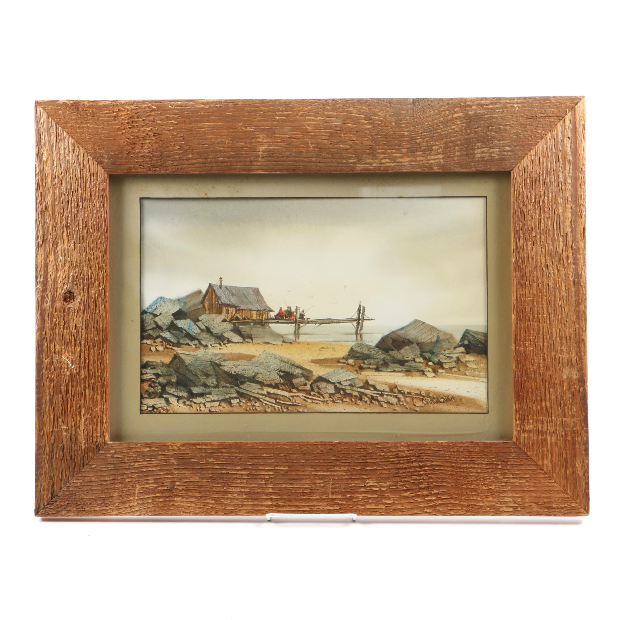 Jim Walker Watercolor on Paper of a Rocky Beach Landscape