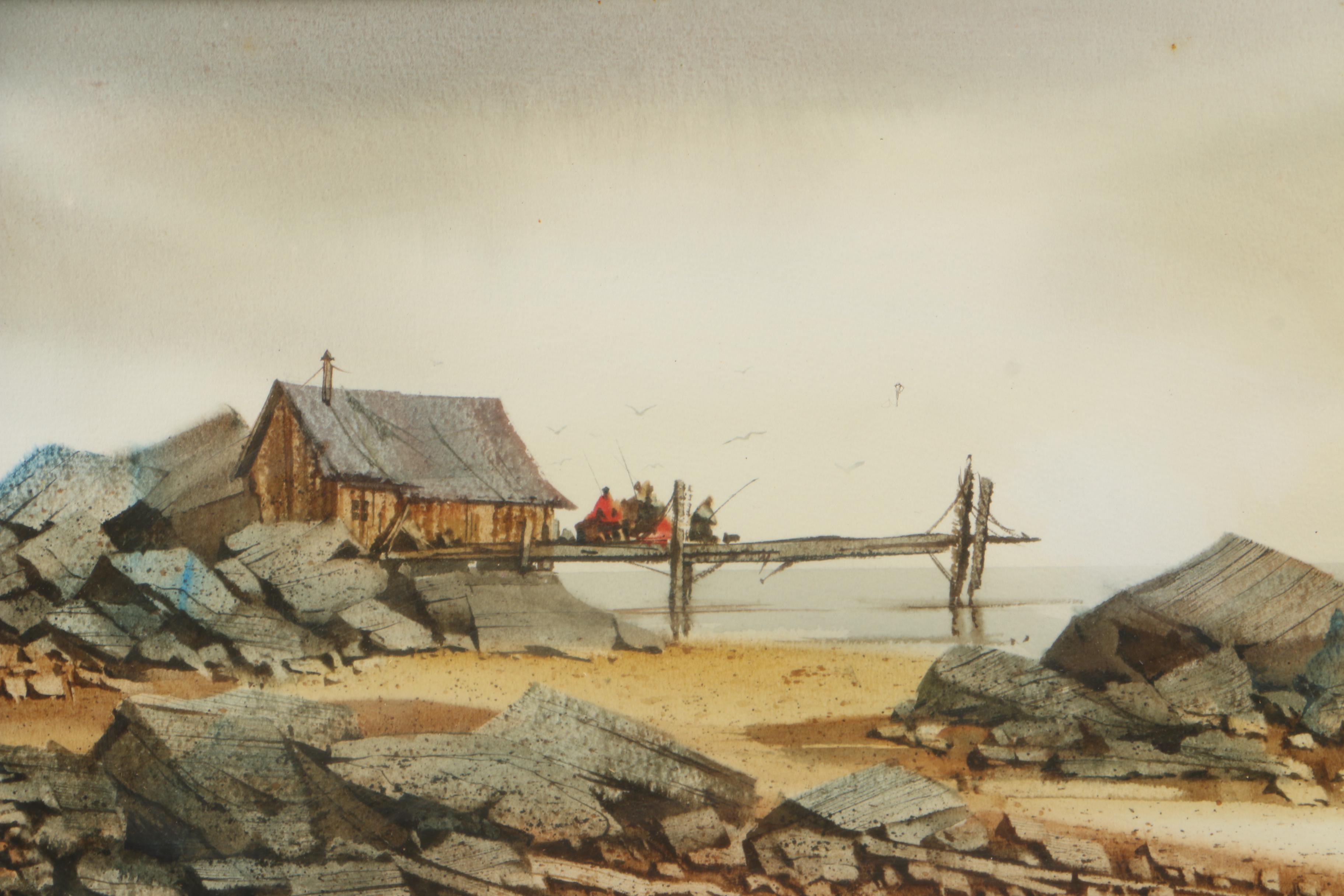Jim Walker Watercolor on Paper of a Rocky Beach Landscape