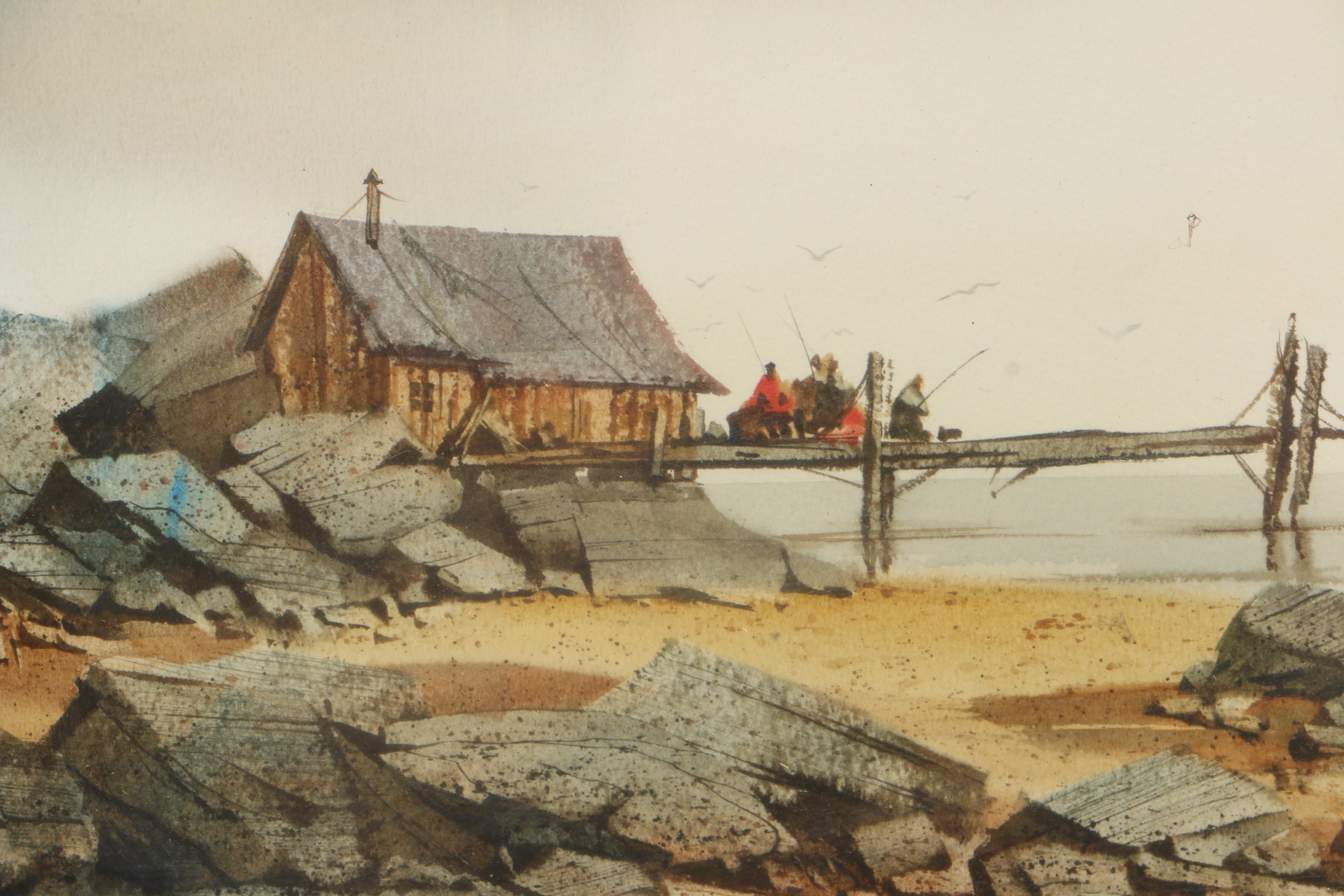 Jim Walker Watercolor on Paper of a Rocky Beach Landscape