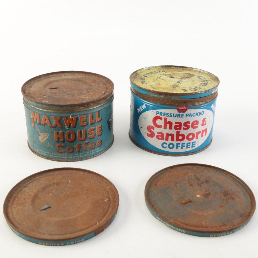 Pairing of Vintage Coffee Cans Including Maxwell House