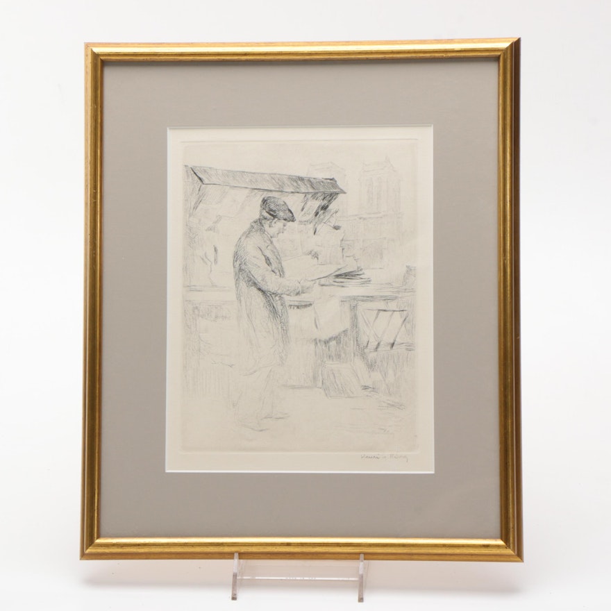 Henri LeRiche Etching with Drypoint of Man at Market Stall