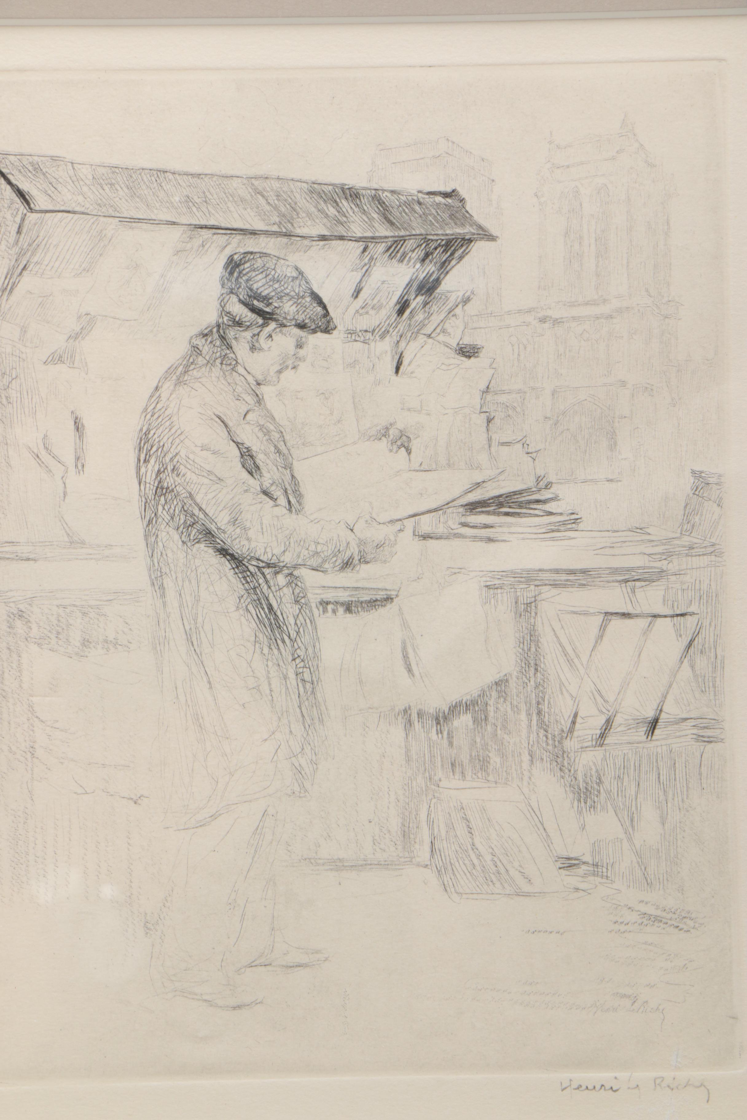 Henri LeRiche Etching with Drypoint of Man at Market Stall