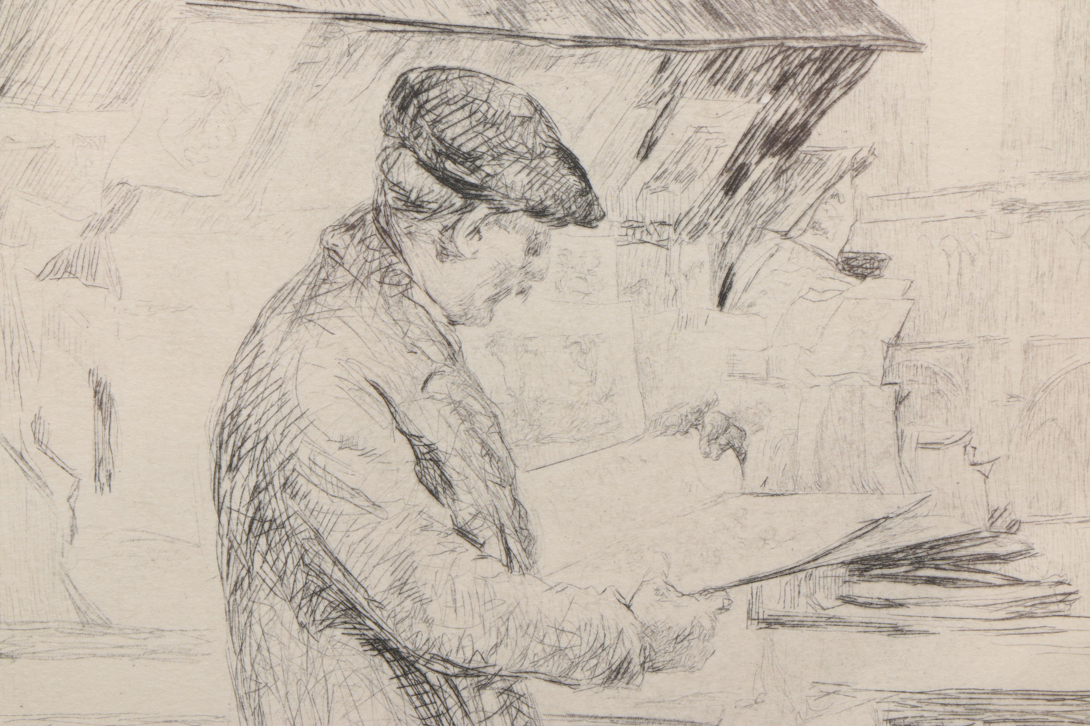 Henri LeRiche Etching with Drypoint of Man at Market Stall