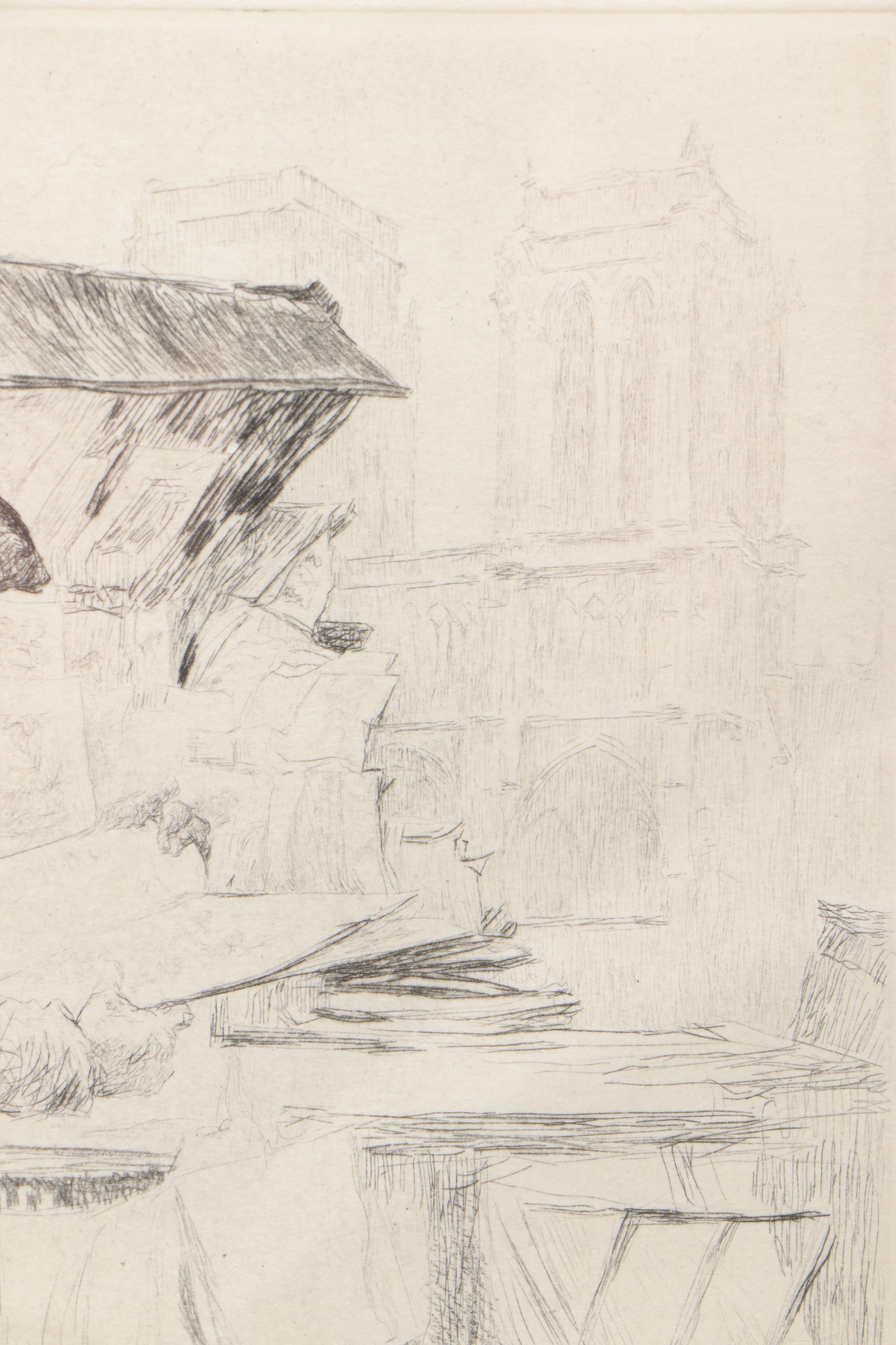 Henri LeRiche Etching with Drypoint of Man at Market Stall