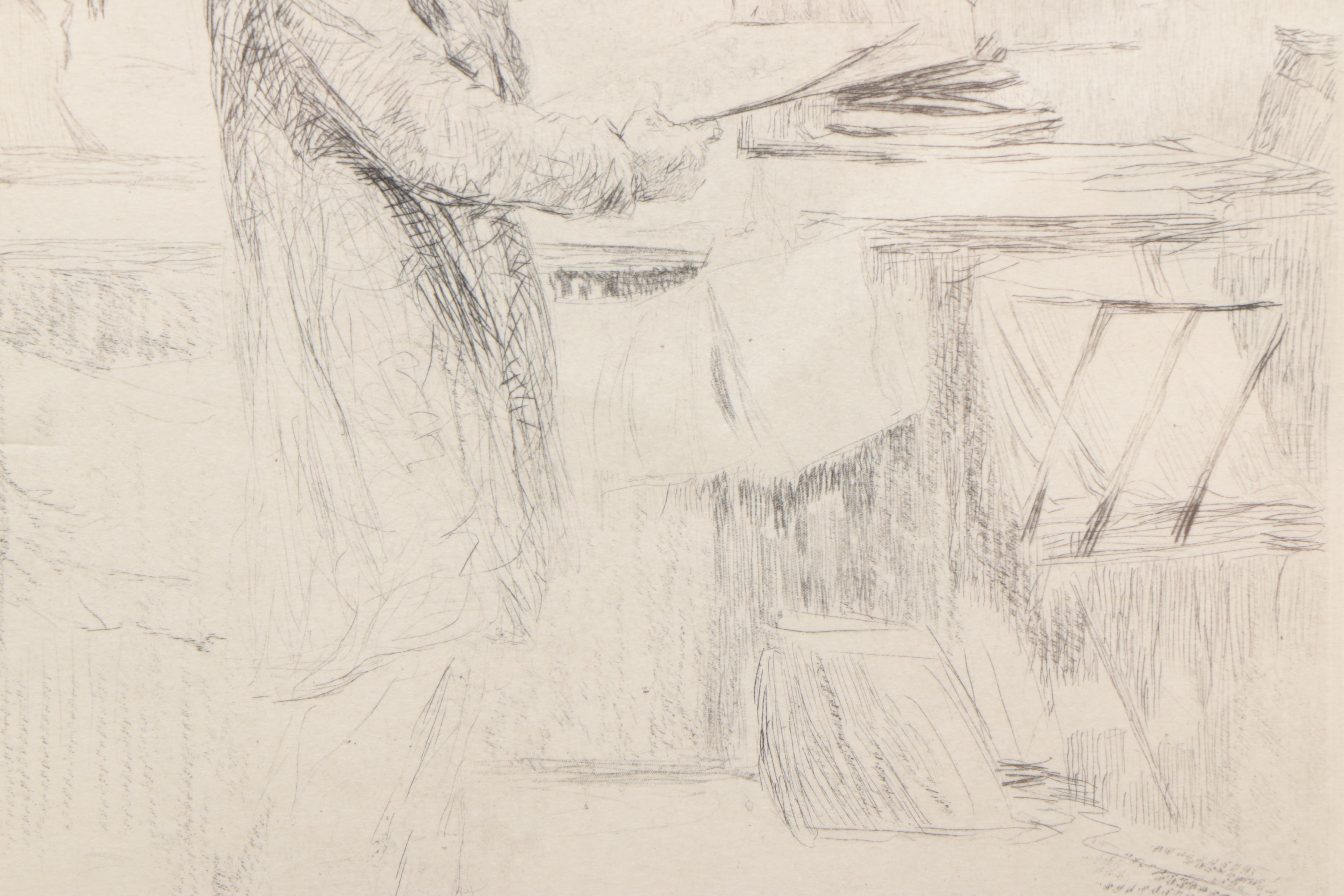 Henri LeRiche Etching with Drypoint of Man at Market Stall